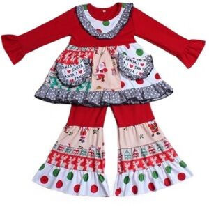 Girl's LOVE SANTA 2 Piece Bell Pant Set L/S Ruffles Christmas Festive 6/7 T NEW